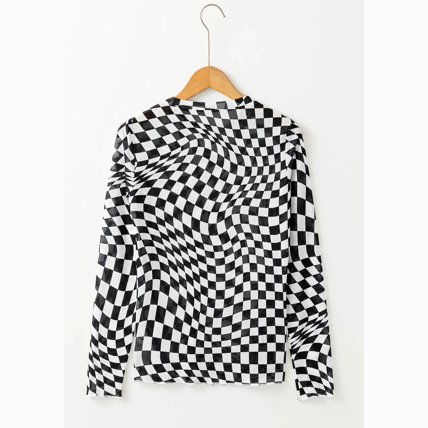 Blanca Black Checkered Pattern Mesh Mock Neck Long Sleeve Top