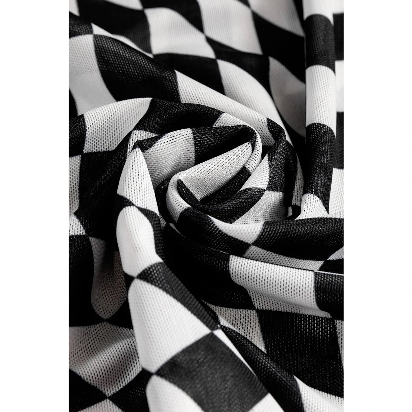 Blanca Black Checkered Pattern Mesh Mock Neck Long Sleeve Top