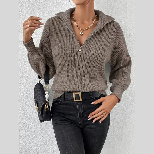 Blanka Brown Half Zip Polo Neck Sweater