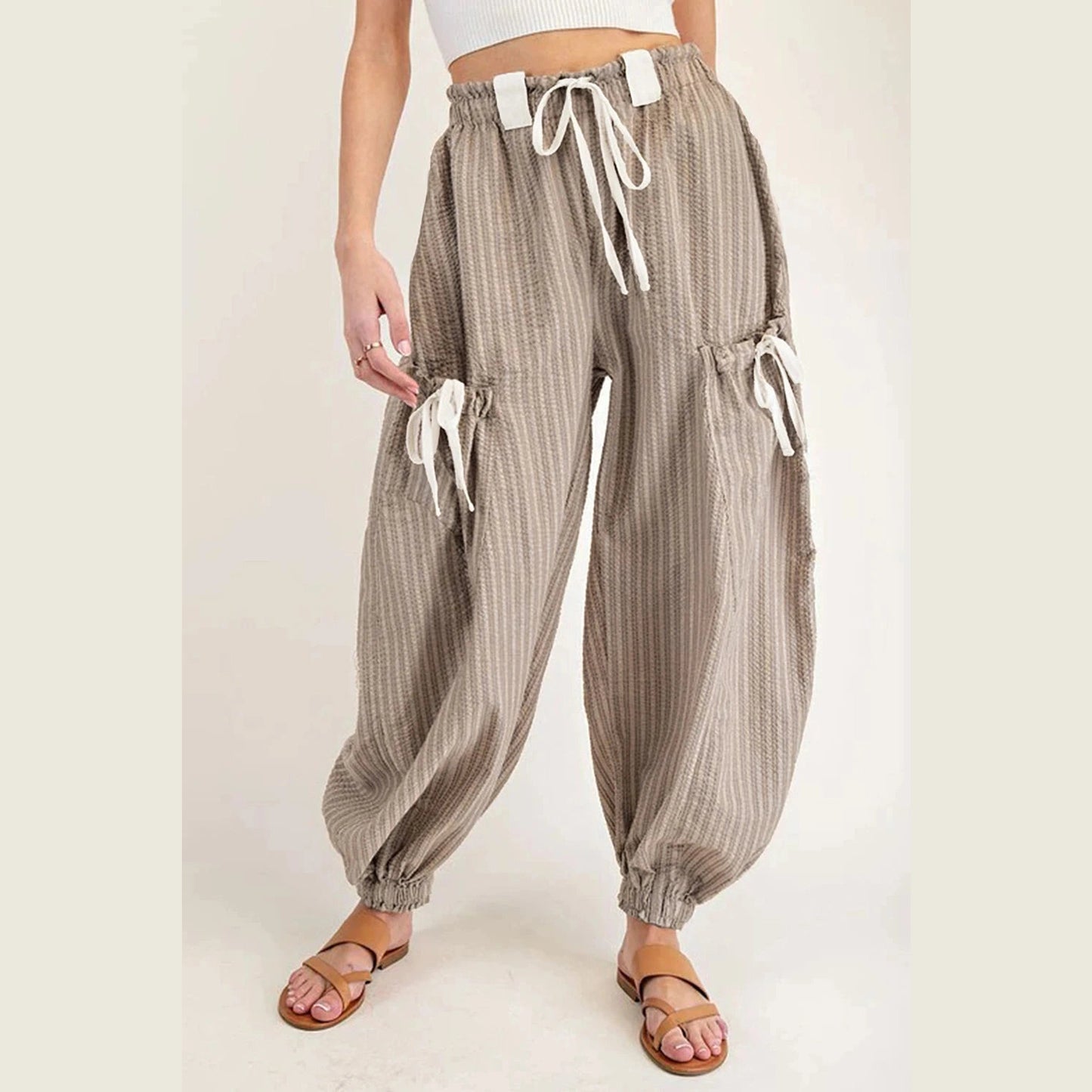 Blazie Brown Stripe Drawstring Cargo Jogger Pants with Pockets