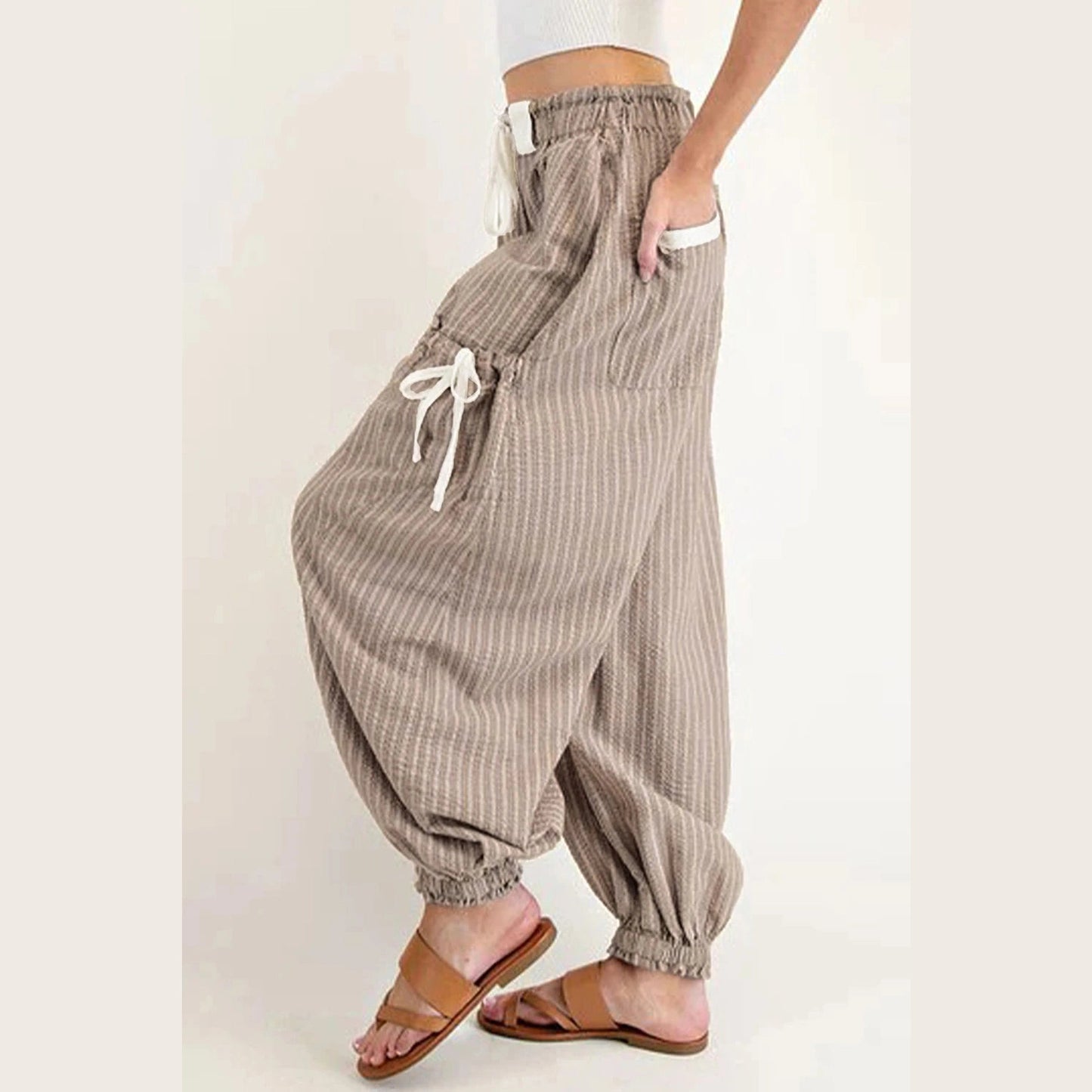 Blazie Brown Stripe Drawstring Cargo Jogger Pants with Pockets