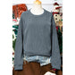 Kelis Blue Solid Ribbed Knit Round Neck Pullover Sweatshirt