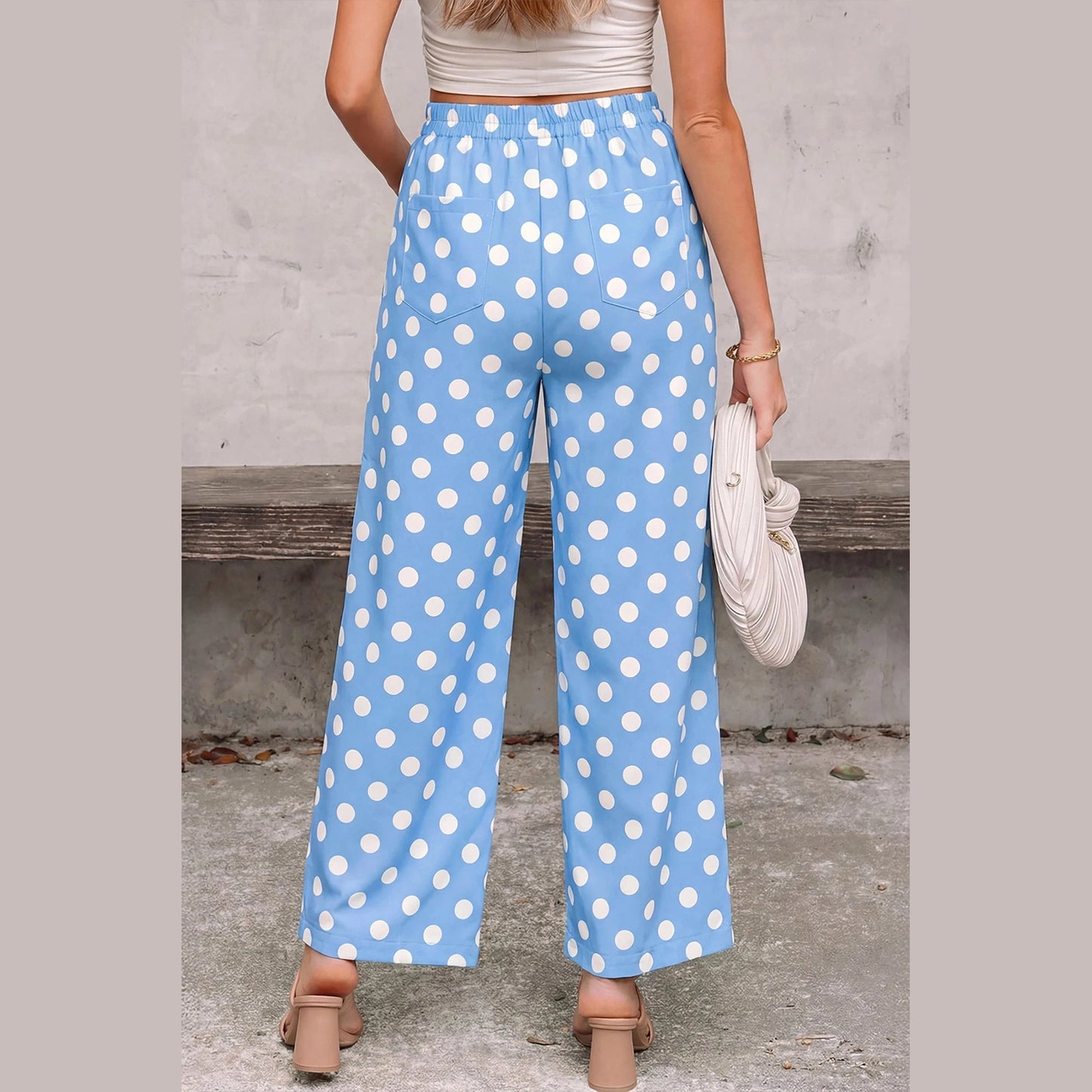 Yolanda Blue Polka Dot Print Patched Pocket Loose Pants