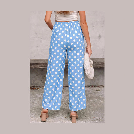 Yolanda Blue Polka Dot Print Patched Pocket Loose Pants