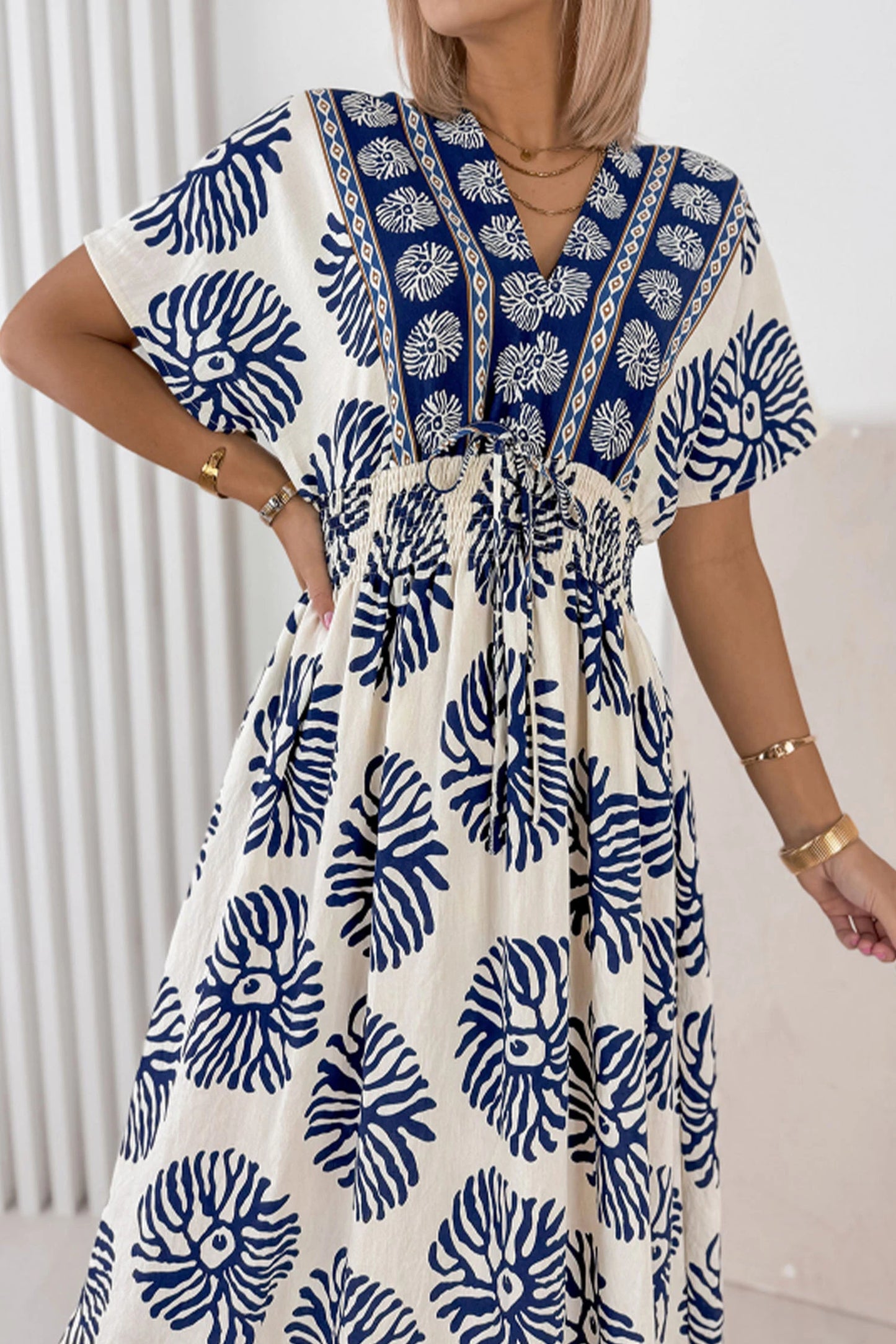 RTS Blue Boho Floral Print Contrast Patchwork V Neck Dolman Maxi Dress
