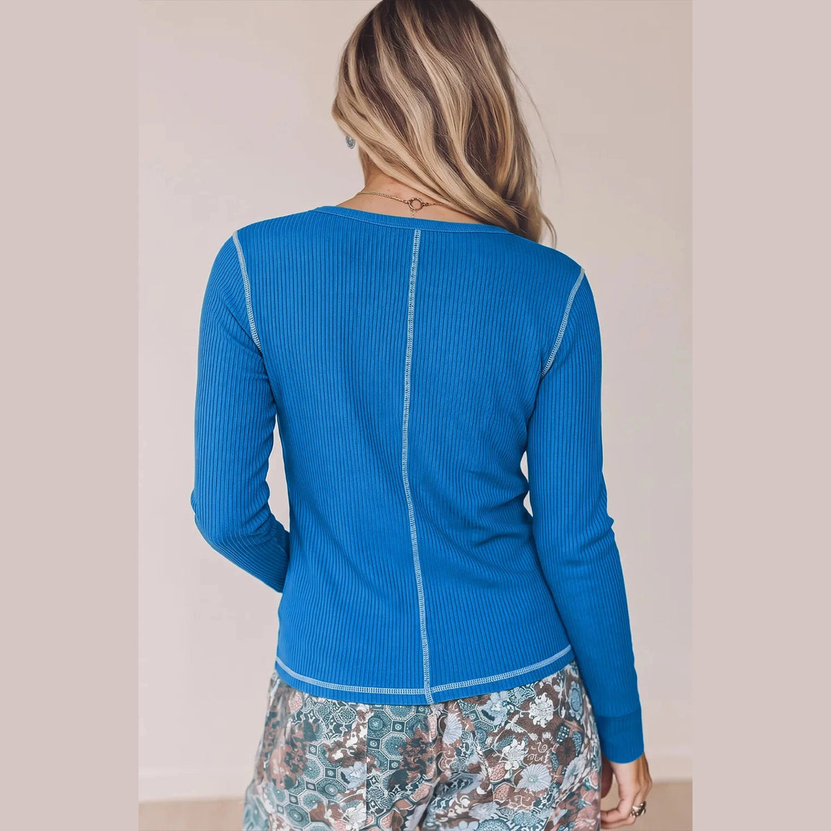 Hayley Blue V Neck Ribbed Stitched Detail Long Sleeve Top
