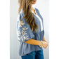 Beth Blue Color Block Patchwork V Neck Embroidered Puff Sleeve Babydoll Blouse