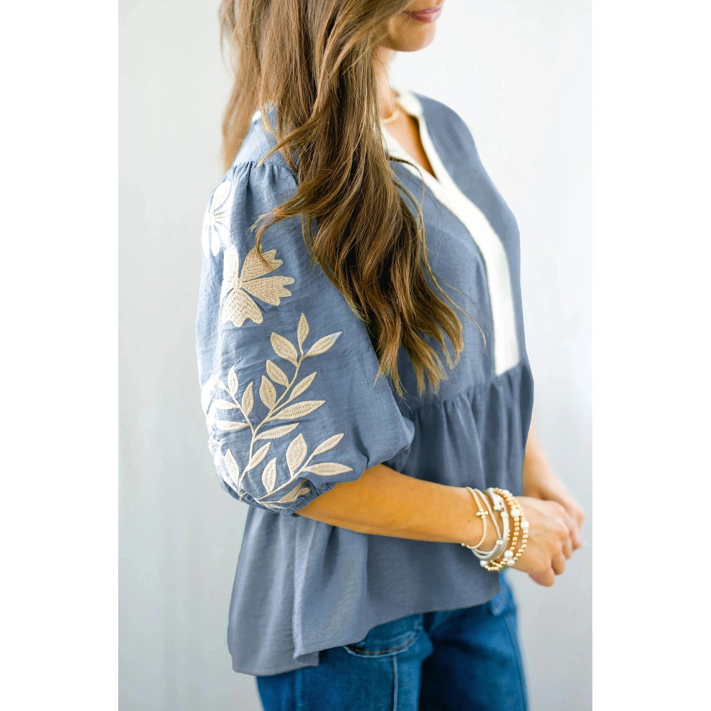 Beth Blue Color Block Patchwork V Neck Embroidered Puff Sleeve Babydoll Blouse