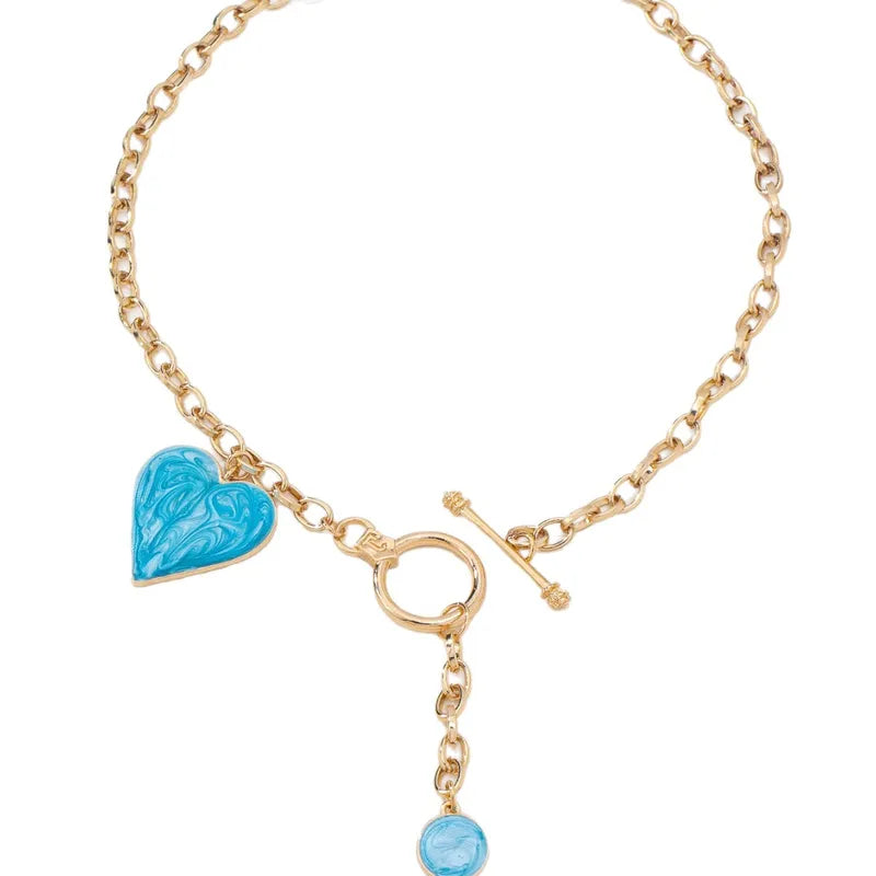 Golden Toggle Necklace with Turquoise Heart & Charm