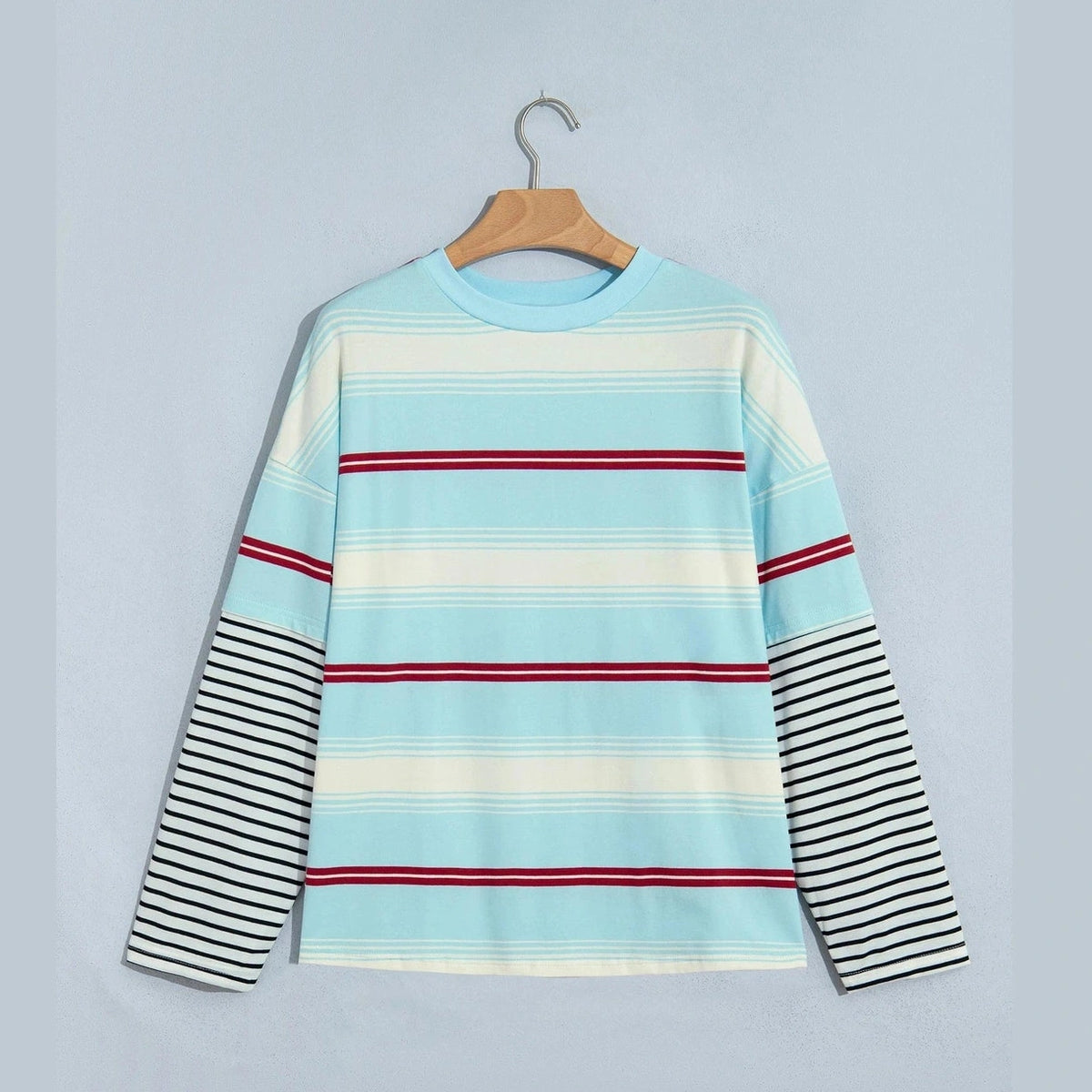 RTS Sky Blue Stripe Casual Striped Patchwork Long Sleeve Loose Pullover Top
