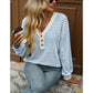 Libby Striped V Neck Waffle Knit Henley Long Sleeve Top