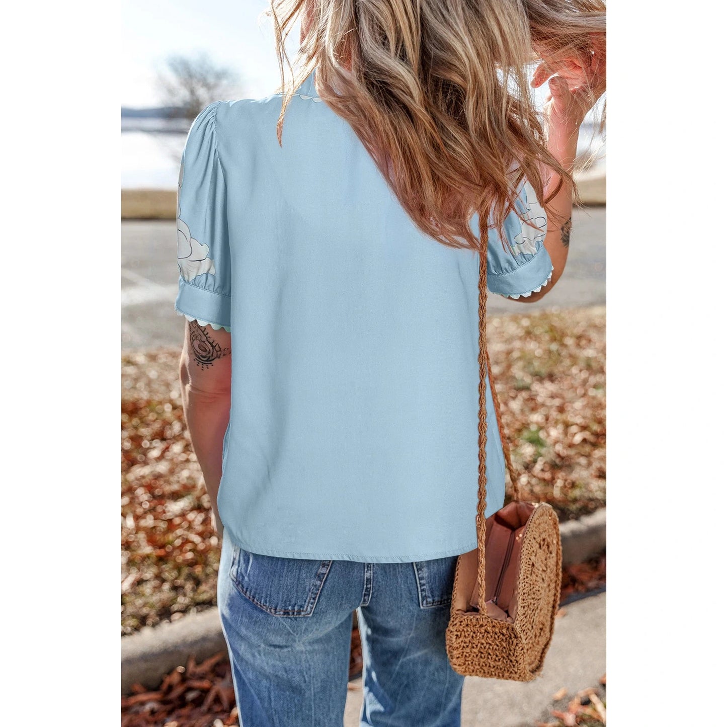 Porsha Light Blue Floral Ric Rac Edge Puff Sleeve Button Up Summer Shirt