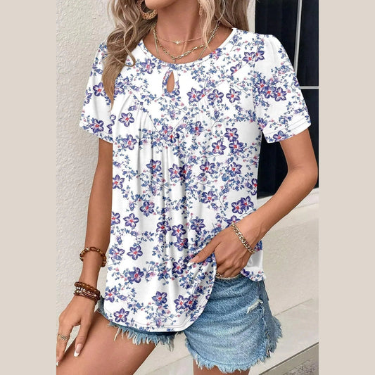 RTS White & Blue Keyhole Pleated Front Top