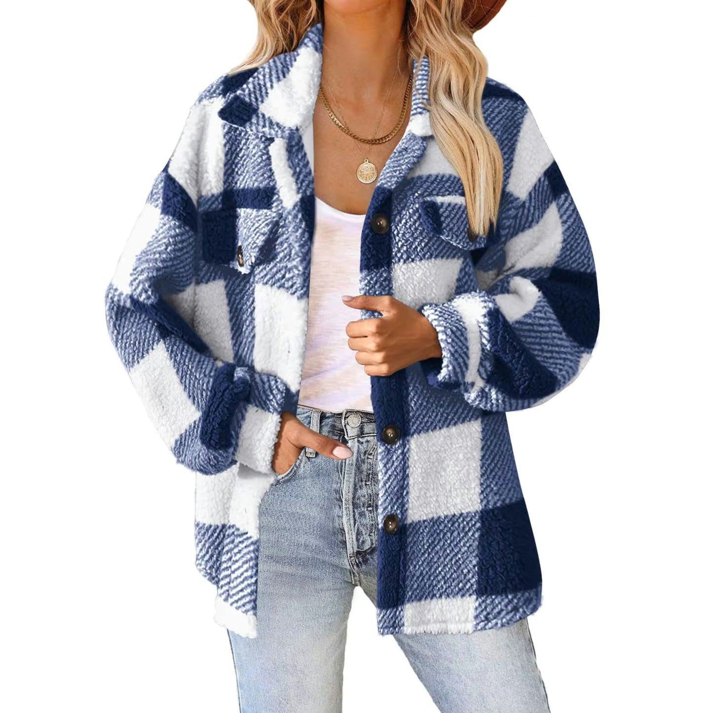 Carmelita Blue Plaid Sherpa Blue Button Up Coat