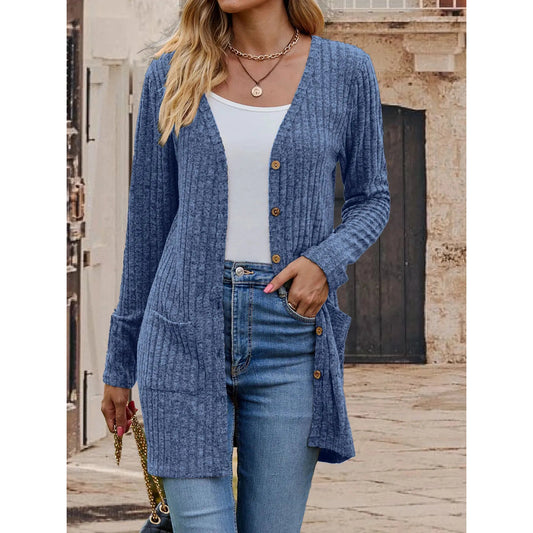 Lucie Blue Button Front Lightweight Long Cardigan