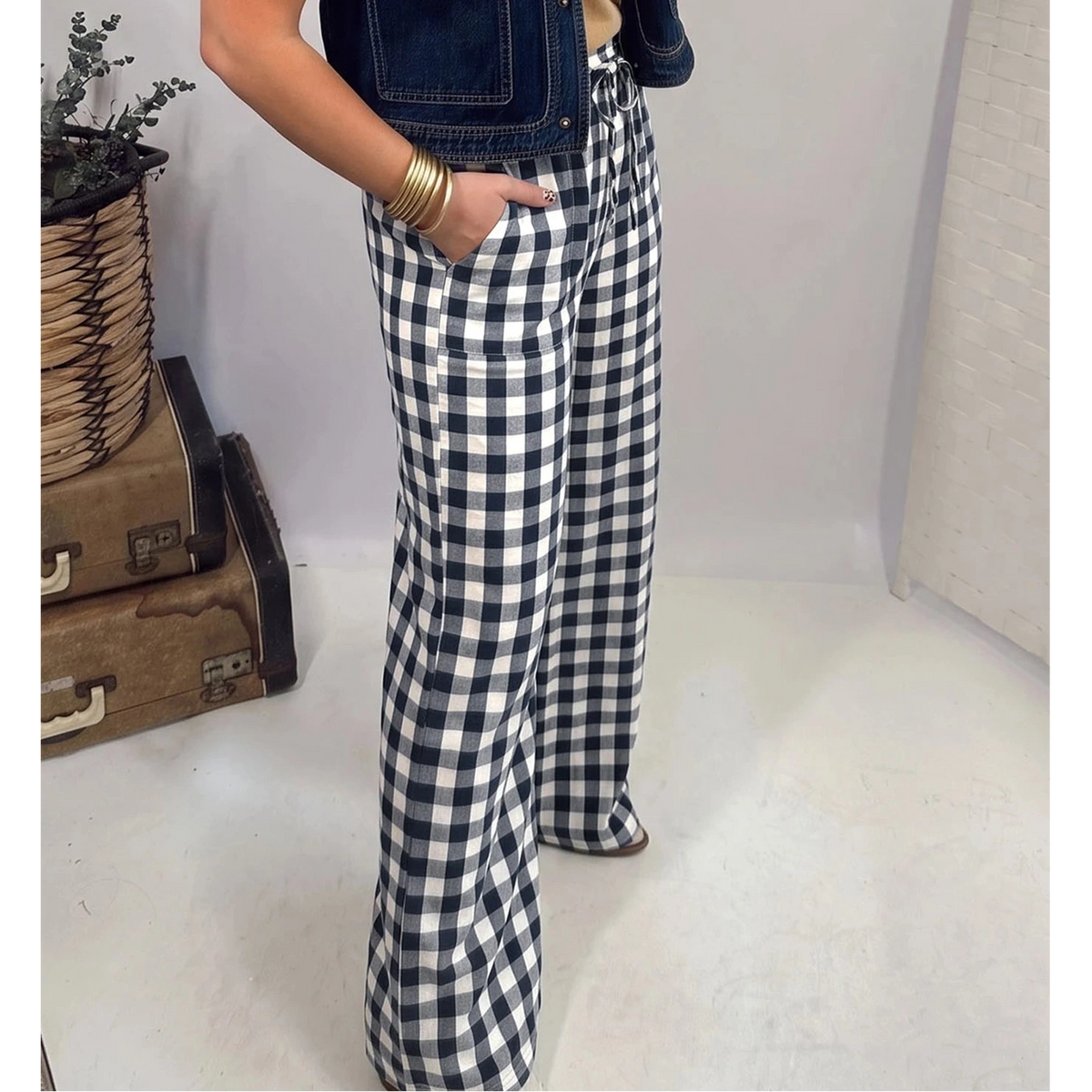 Cadence Blue Gingham Plaid Tie Elastic Waist Shift Pants
