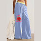 Kendyl Blue Color Block Flower Patchwork Drawstring Contrasted Elastic Waist Wide Leg Pants