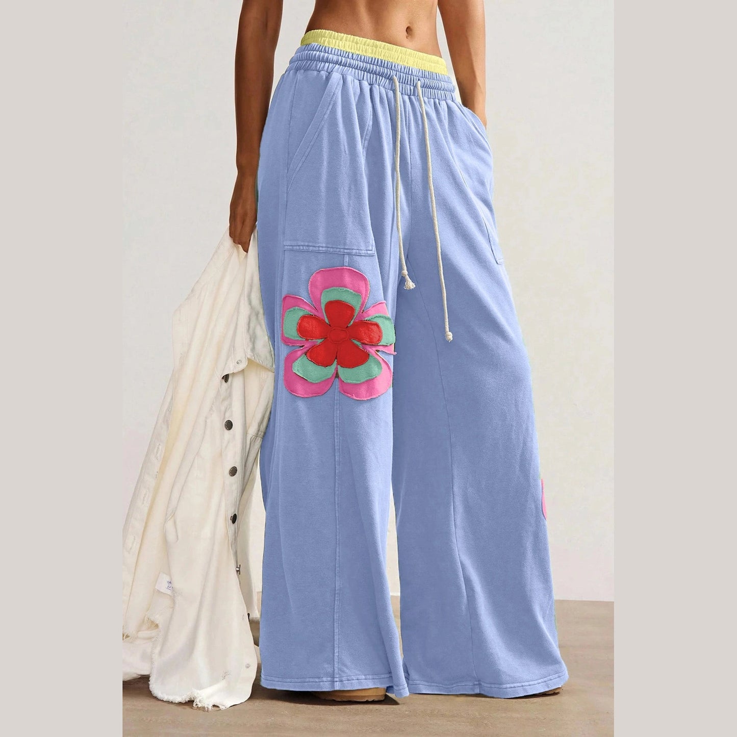 Kendyl Blue Color Block Flower Patchwork Drawstring Contrasted Elastic Waist Wide Leg Pants