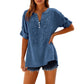 Chanin Dark Blue Embroidered Button V‑Neck Top