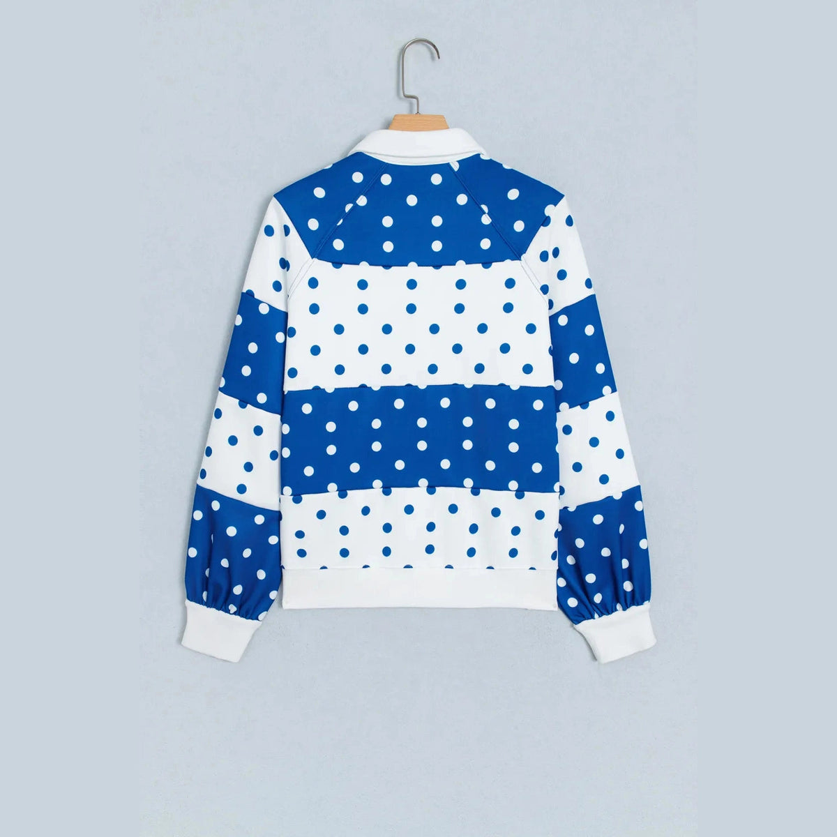 Chey Blue Polka Dot Colorblock Half Zip Puff Sleeve Pullover Sweatshirt