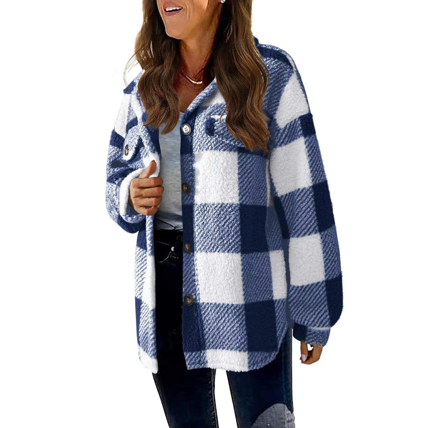 Carmelita Blue Plaid Sherpa Blue Button Up Coat