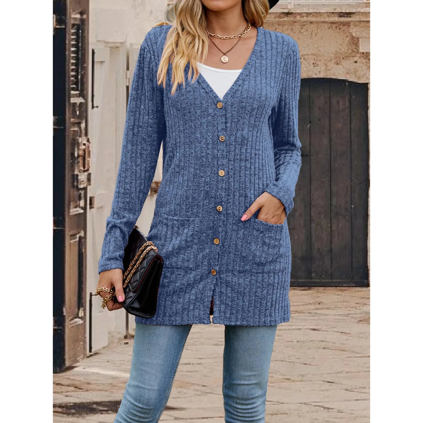 Lucie Blue Button Front Lightweight Long Cardigan