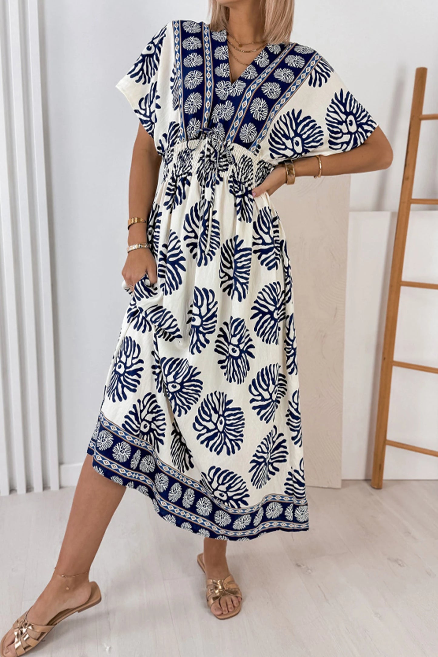 RTS Blue Boho Floral Print Contrast Patchwork V Neck Dolman Maxi Dress