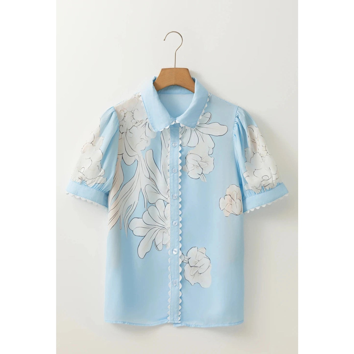 Porsha Light Blue Floral Ric Rac Edge Puff Sleeve Button Up Summer Shirt