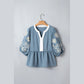 Beth Blue Color Block Patchwork V Neck Embroidered Puff Sleeve Babydoll Blouse