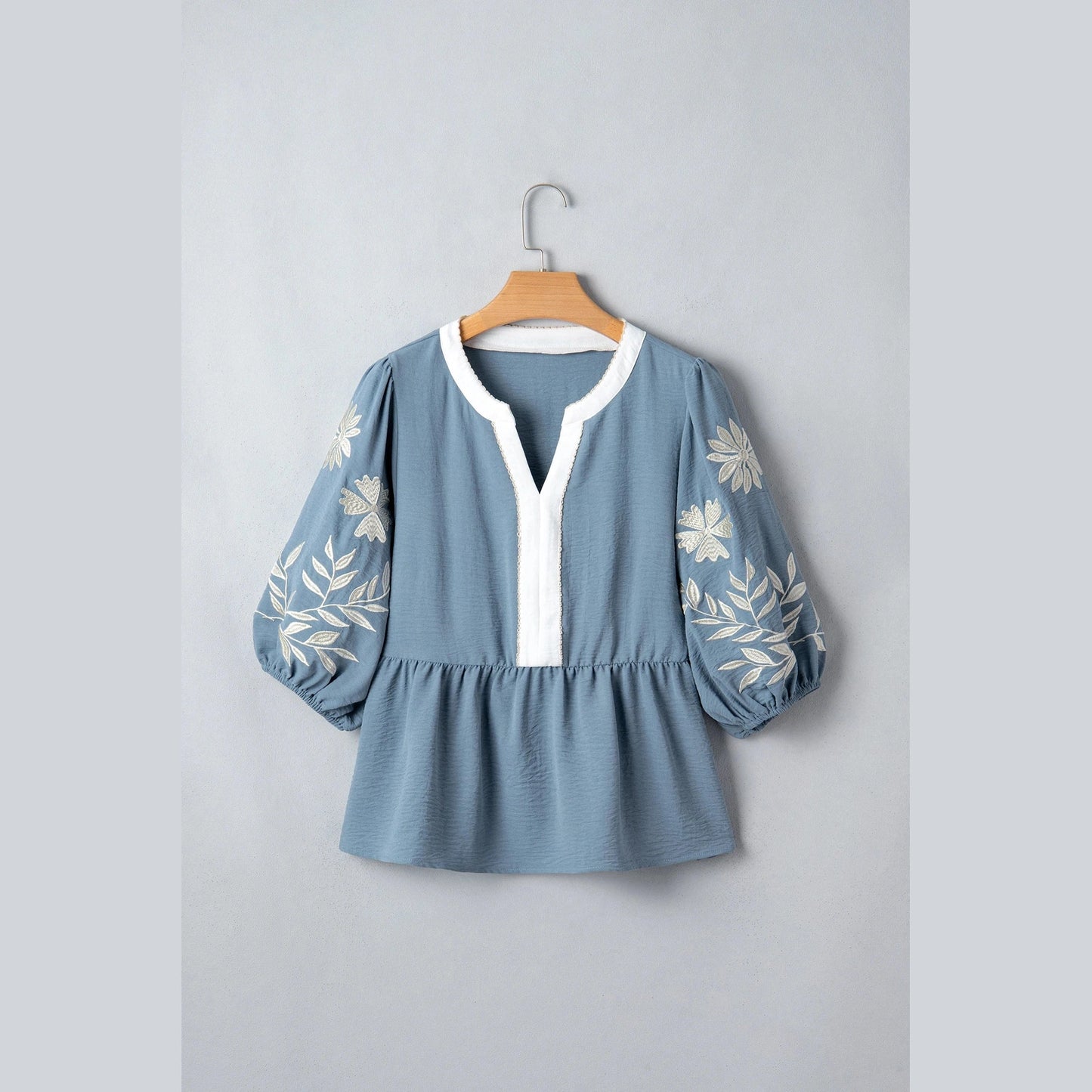 Beth Blue Color Block Patchwork V Neck Embroidered Puff Sleeve Babydoll Blouse