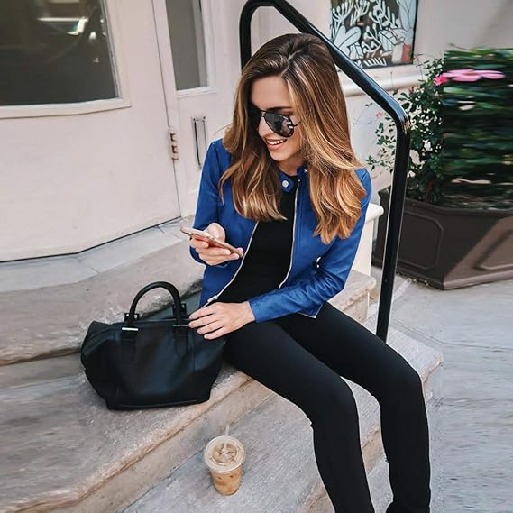 Essey Blue Faux Leather Cropped Zip Up Jacket