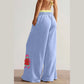 Kendyl Blue Color Block Flower Patchwork Drawstring Contrasted Elastic Waist Wide Leg Pants