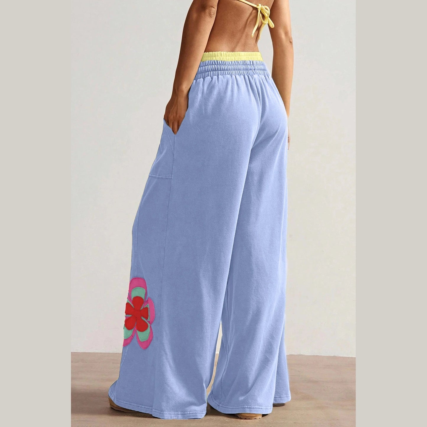 Kendyl Blue Color Block Flower Patchwork Drawstring Contrasted Elastic Waist Wide Leg Pants