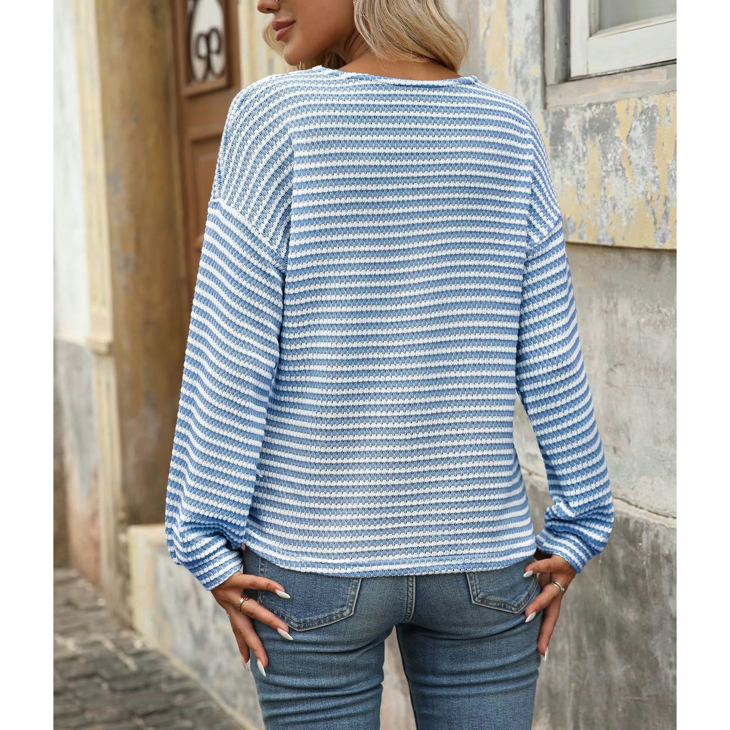 Libby Striped V Neck Waffle Knit Henley Long Sleeve Top