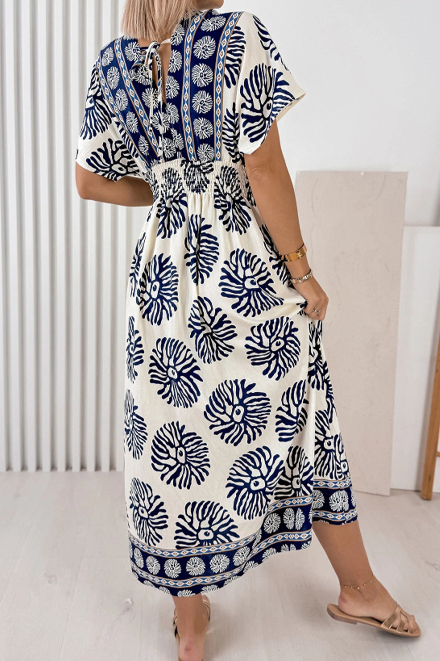 RTS Blue Boho Floral Print Contrast Patchwork V Neck Dolman Maxi Dress