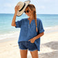 Chanin Dark Blue Embroidered Button V‑Neck Top