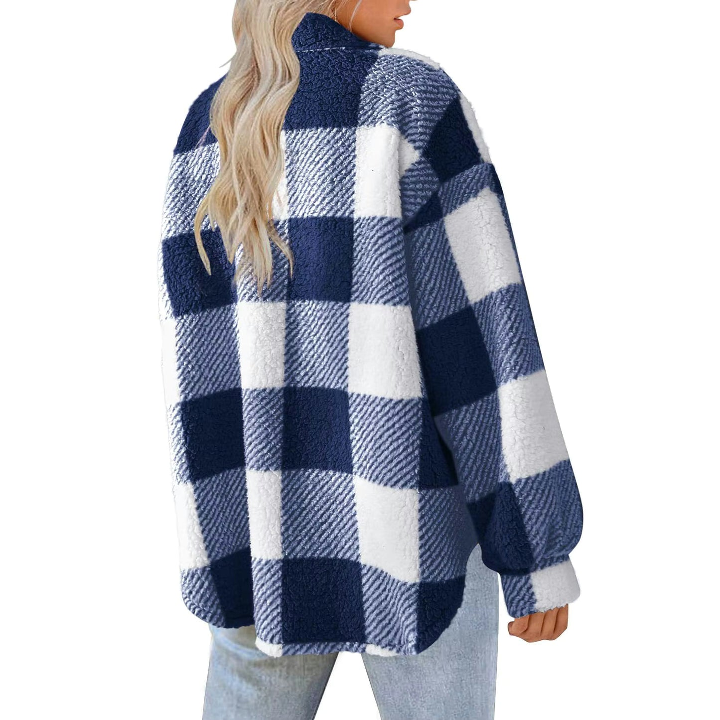 Carmelita Blue Plaid Sherpa Blue Button Up Coat