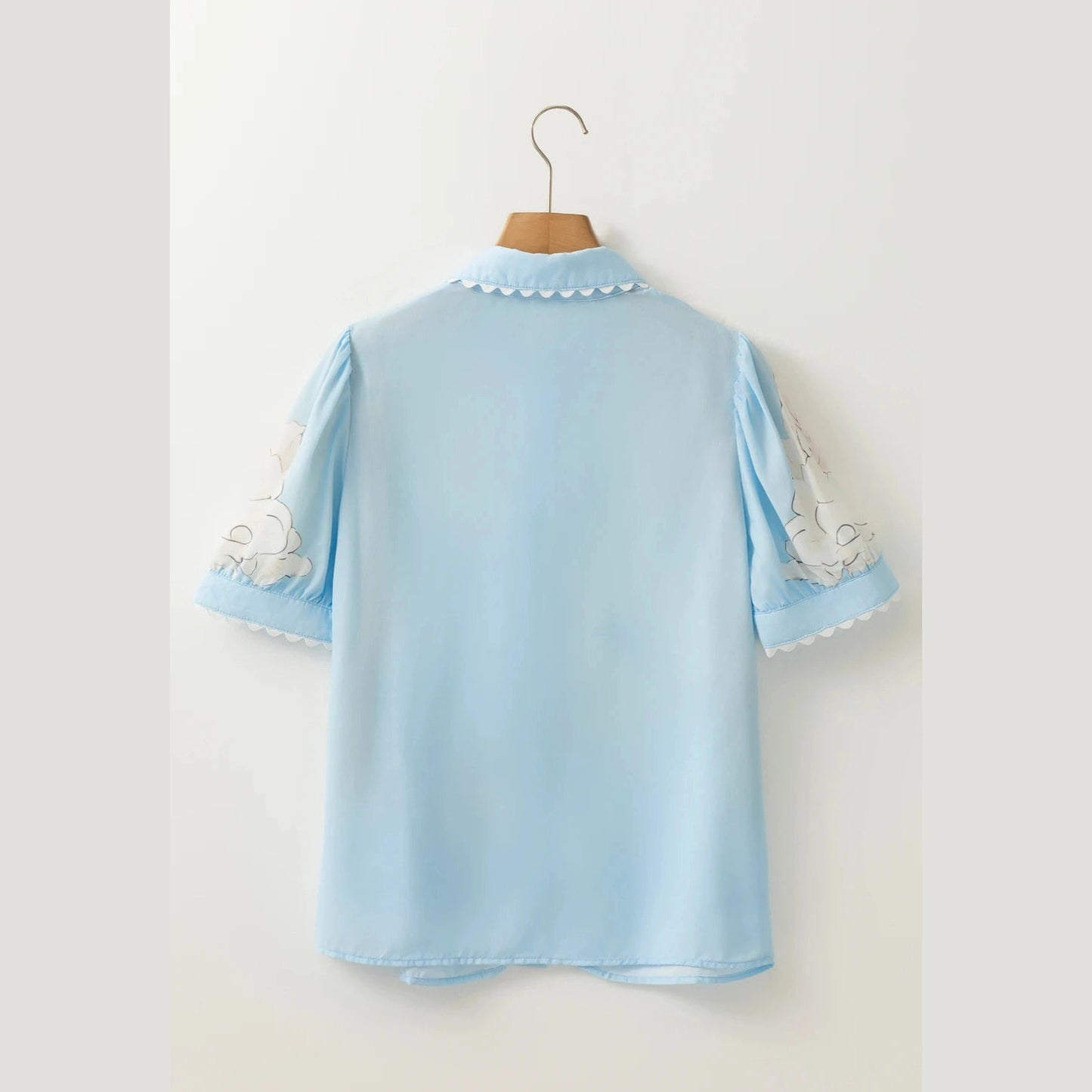 Porsha Light Blue Floral Ric Rac Edge Puff Sleeve Button Up Summer Shirt