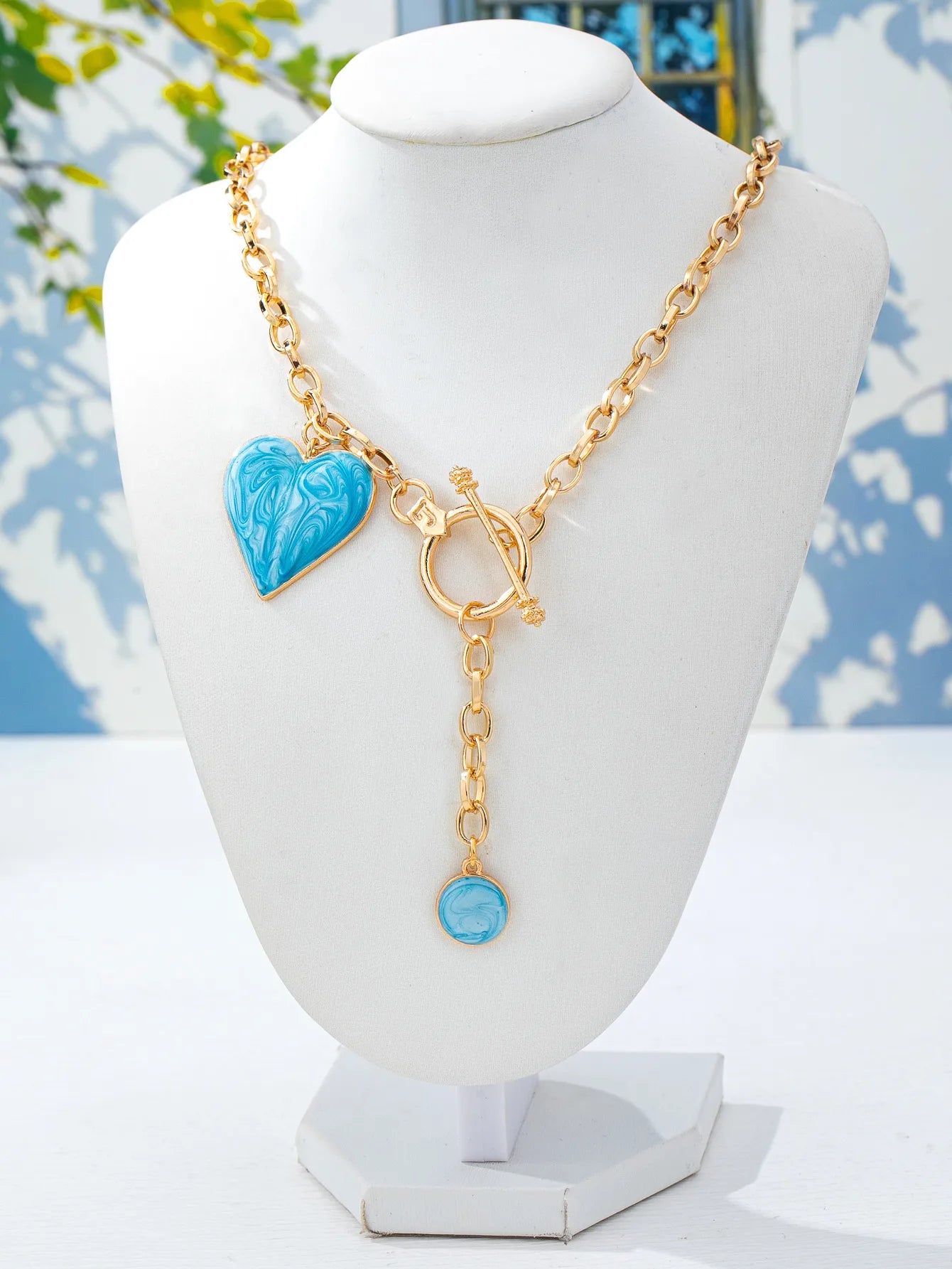Golden Toggle Necklace with Turquoise Heart & Charm