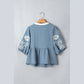 Beth Blue Color Block Patchwork V Neck Embroidered Puff Sleeve Babydoll Blouse