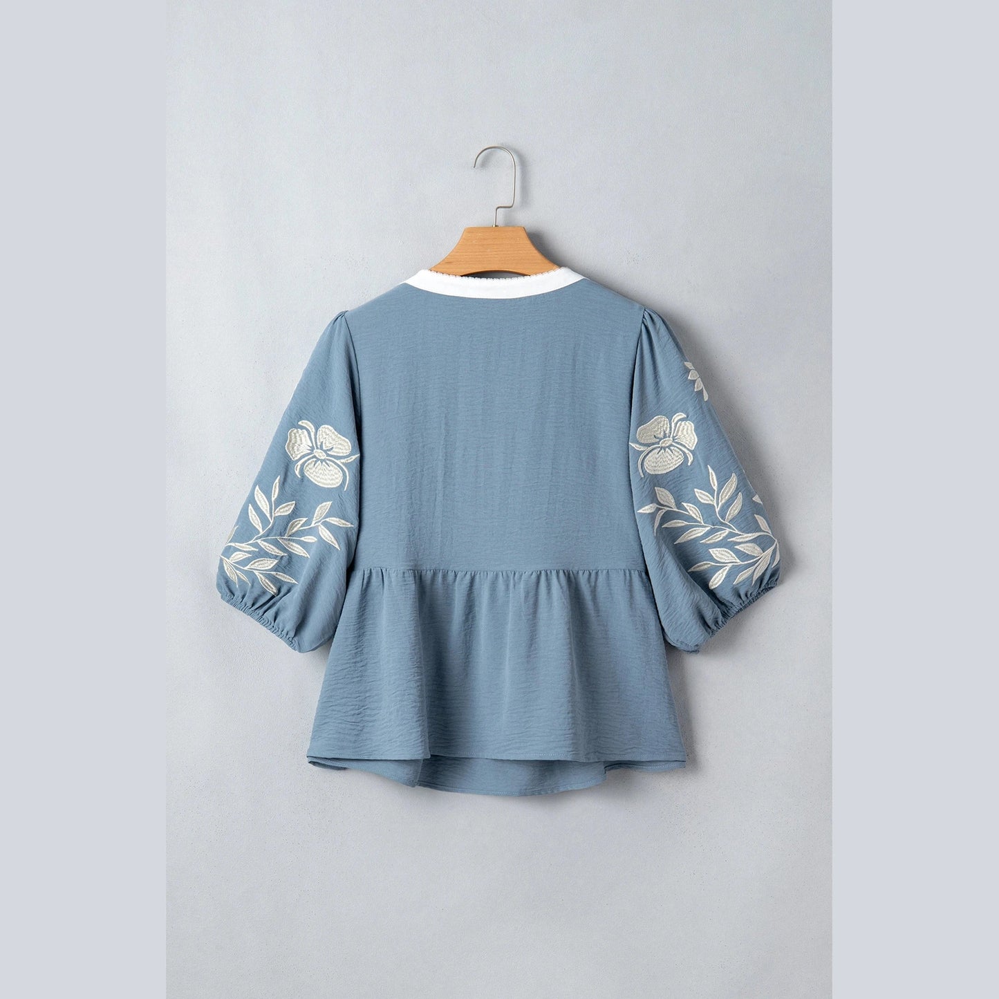 Beth Blue Color Block Patchwork V Neck Embroidered Puff Sleeve Babydoll Blouse