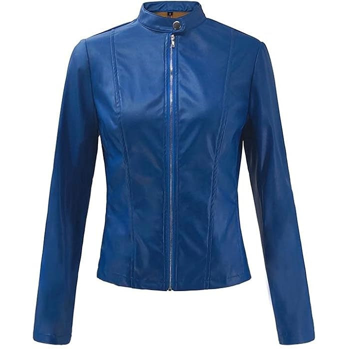 Essey Blue Faux Leather Cropped Zip Up Jacket