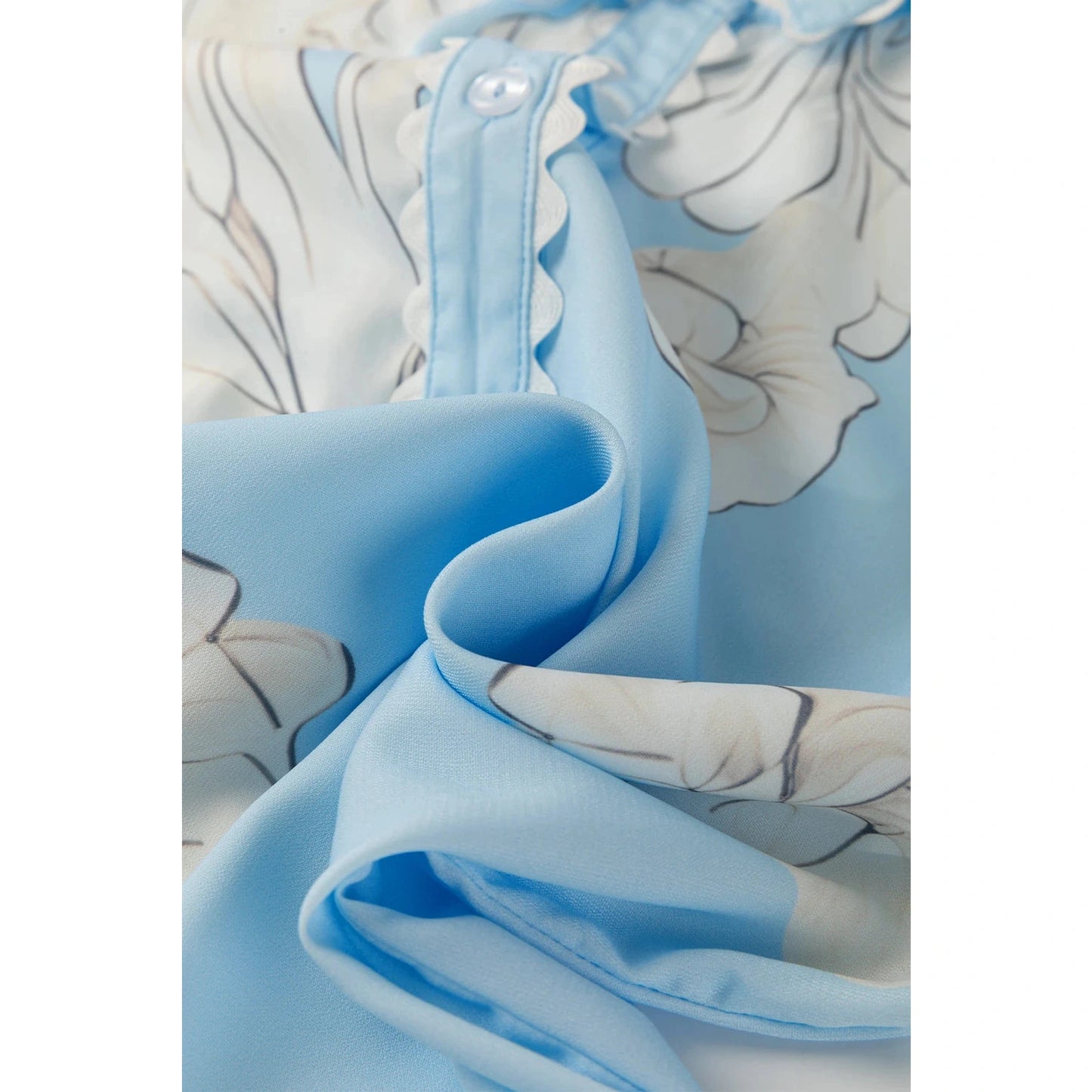 Porsha Light Blue Floral Ric Rac Edge Puff Sleeve Button Up Summer Shirt