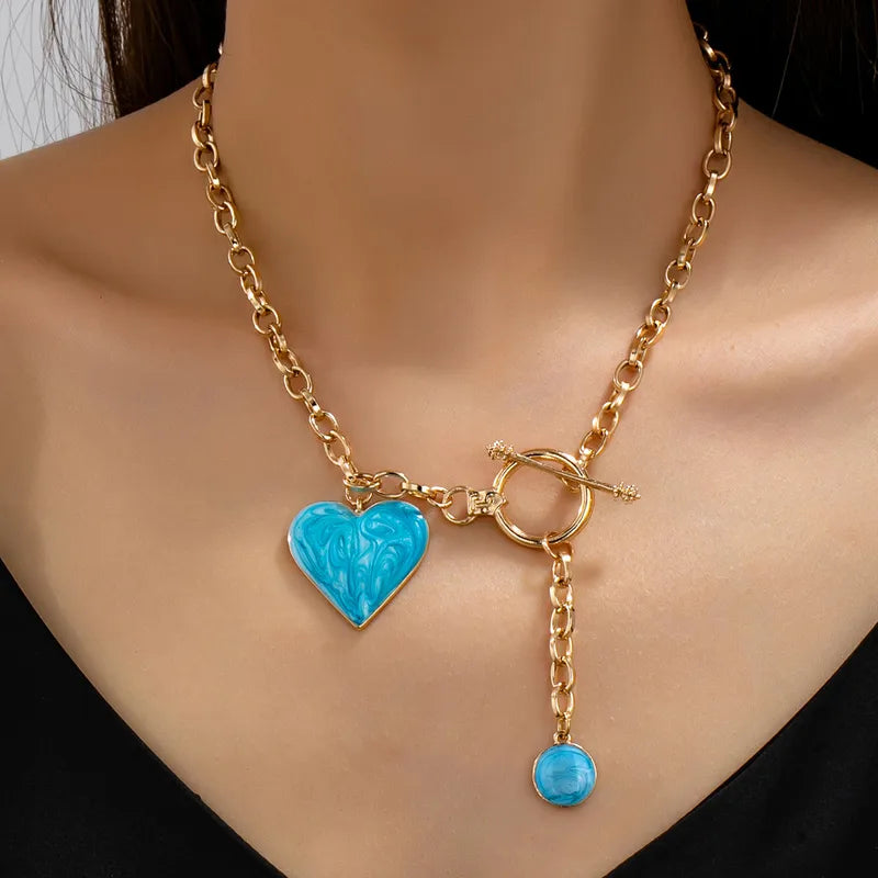 Golden Toggle Necklace with Turquoise Heart & Charm