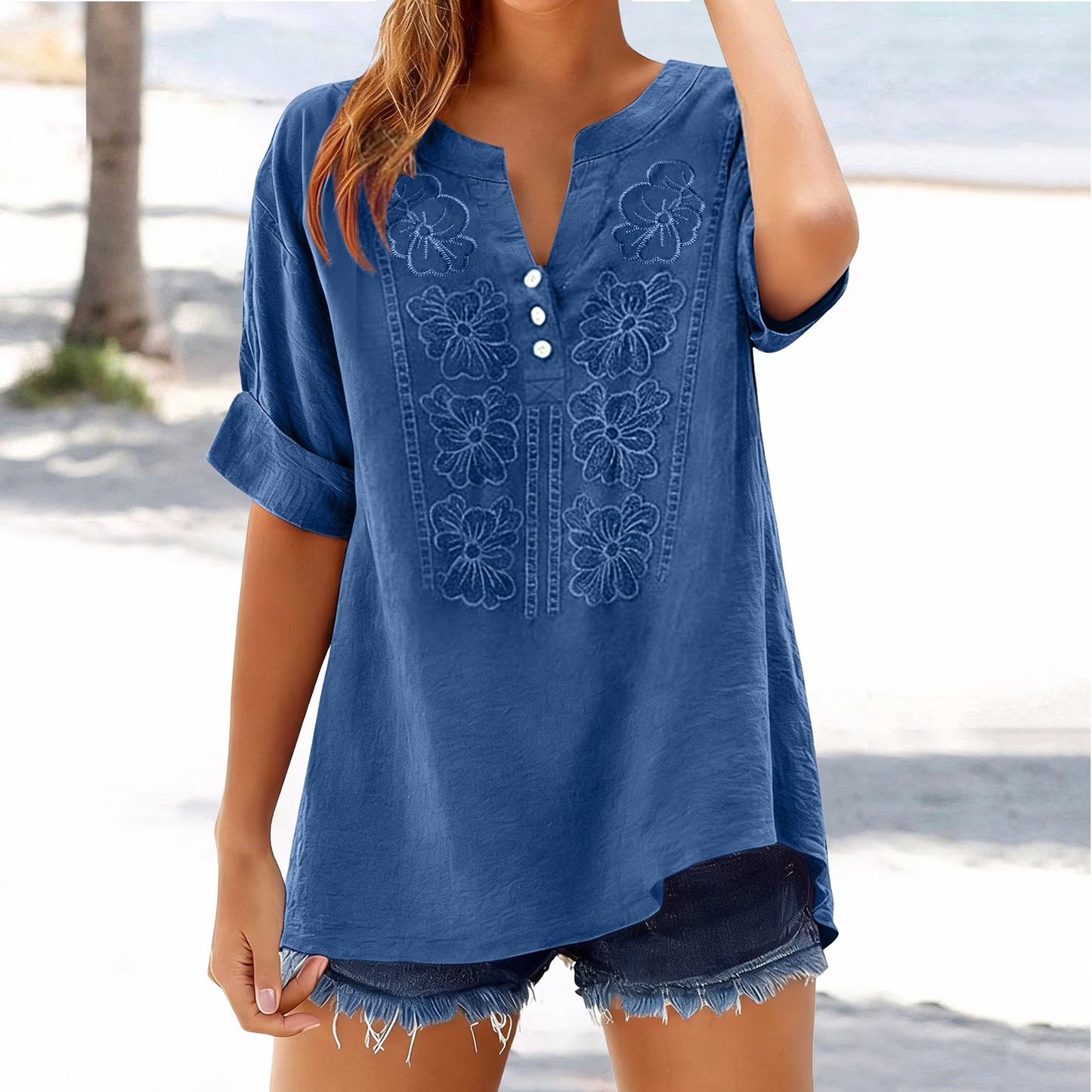 Chanin Dark Blue Embroidered Button V‑Neck Top