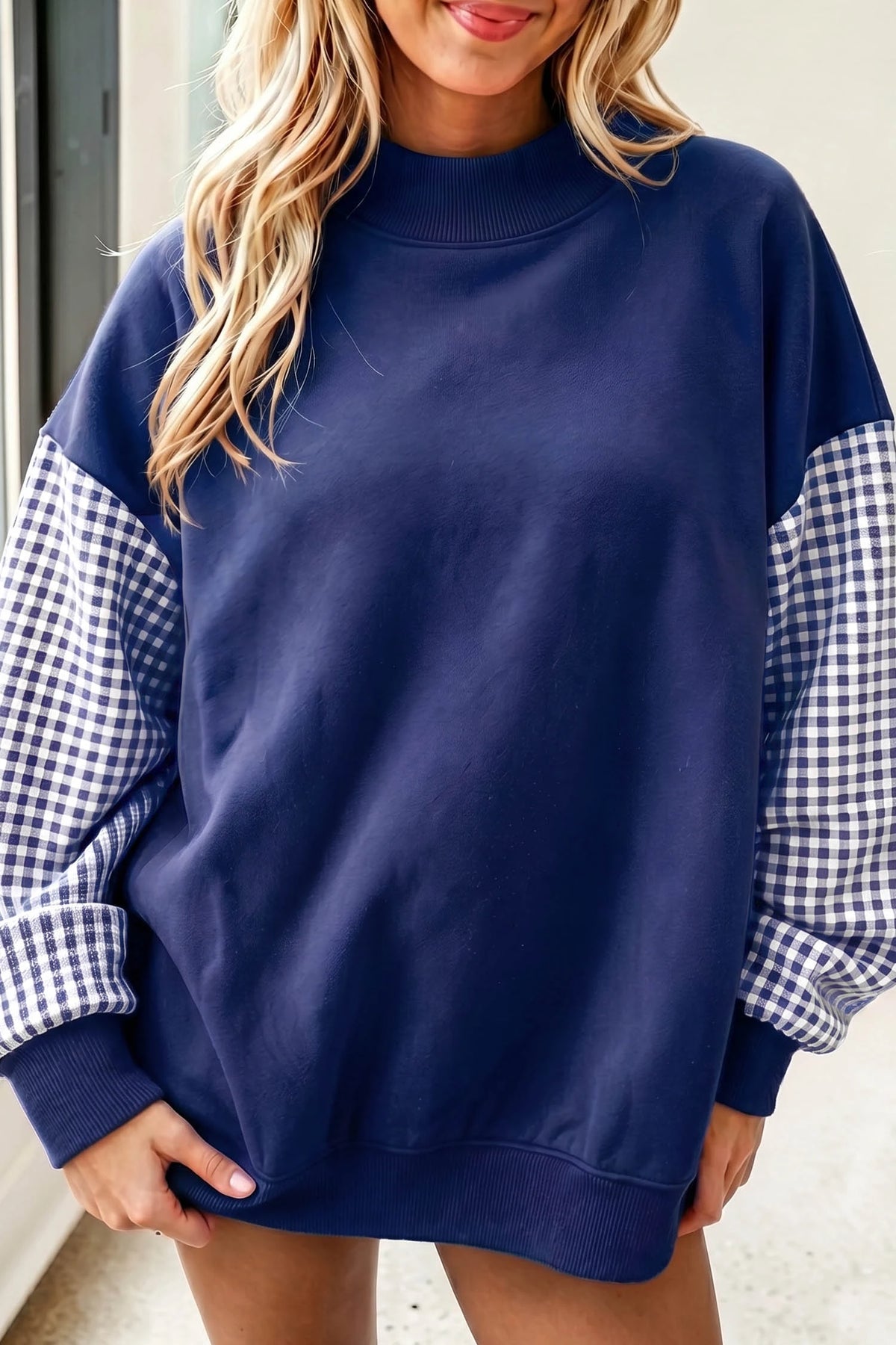 Kyrie Blue Plaid Sleeve Colorblock Loose Tunic Sweatshirt
