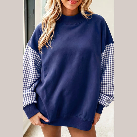 Kyrie Blue Plaid Sleeve Colorblock Loose Tunic Sweatshirt