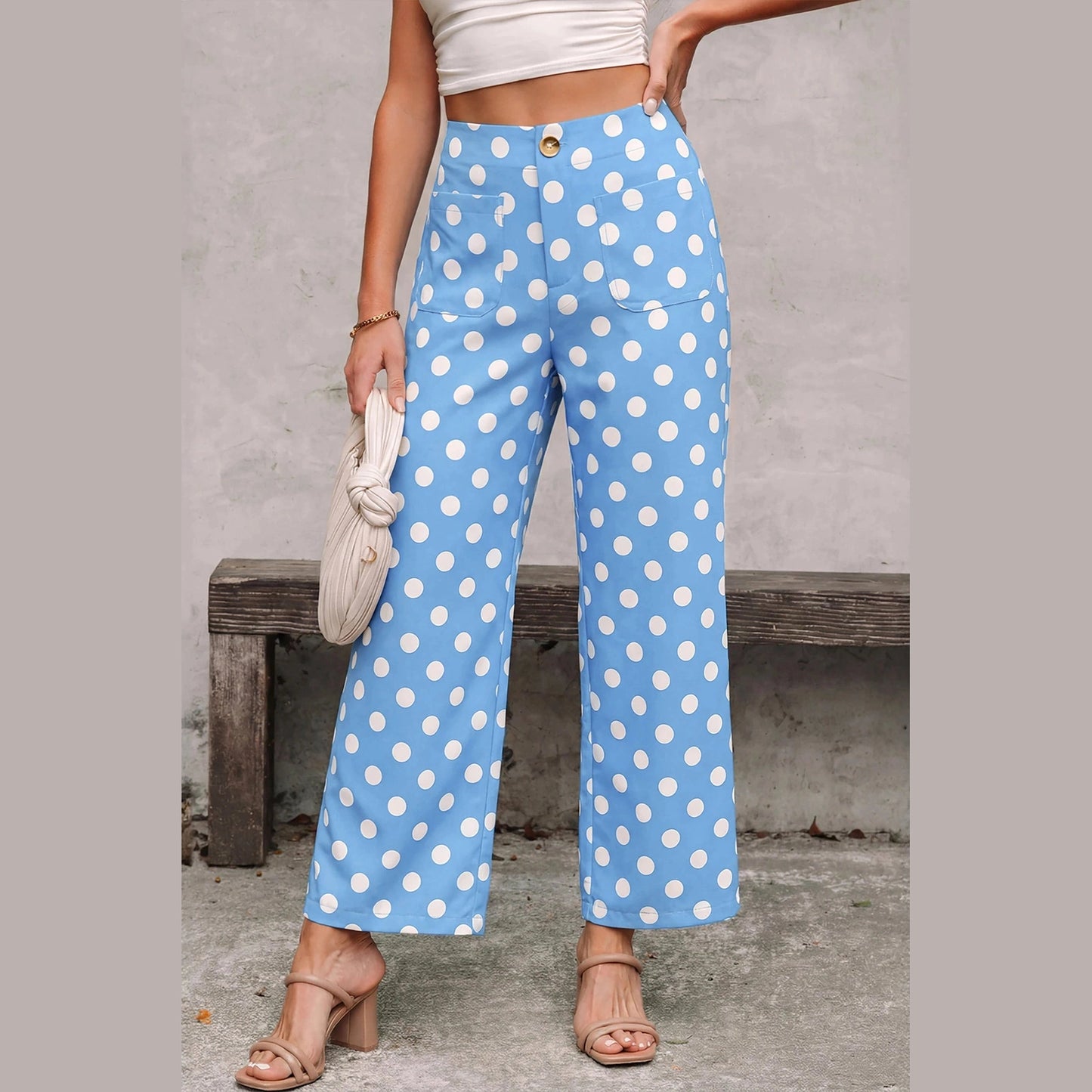 Yolanda Blue Polka Dot Print Patched Pocket Loose Pants