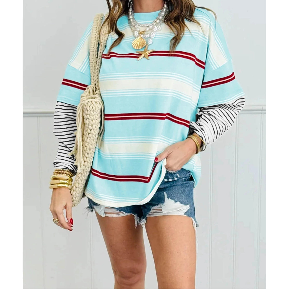 RTS Sky Blue Stripe Casual Striped Patchwork Long Sleeve Loose Pullover Top