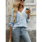Libby Striped V Neck Waffle Knit Henley Long Sleeve Top